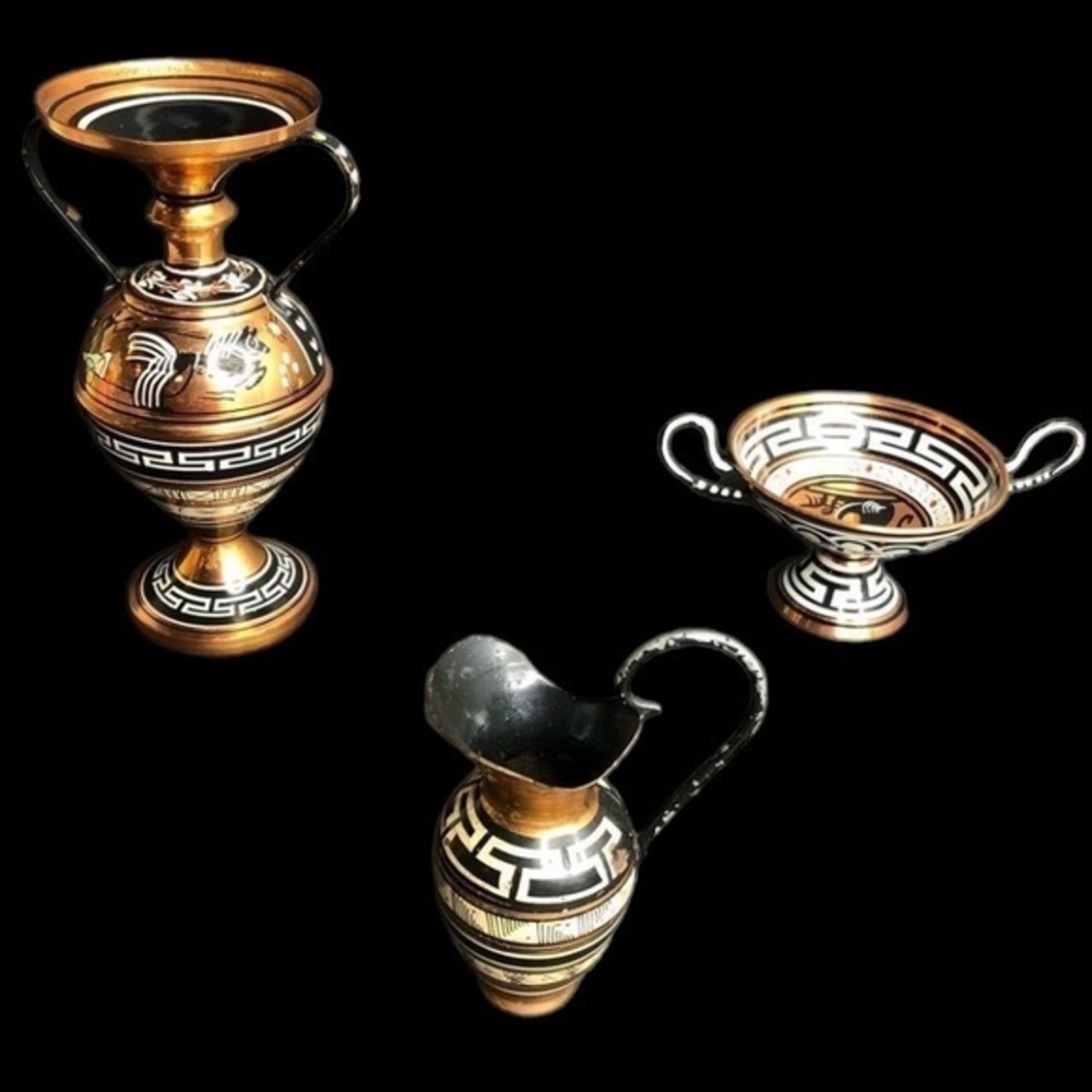VTG set of Greek Hand painted Copper mini vase, pitcher, bowl Great condition